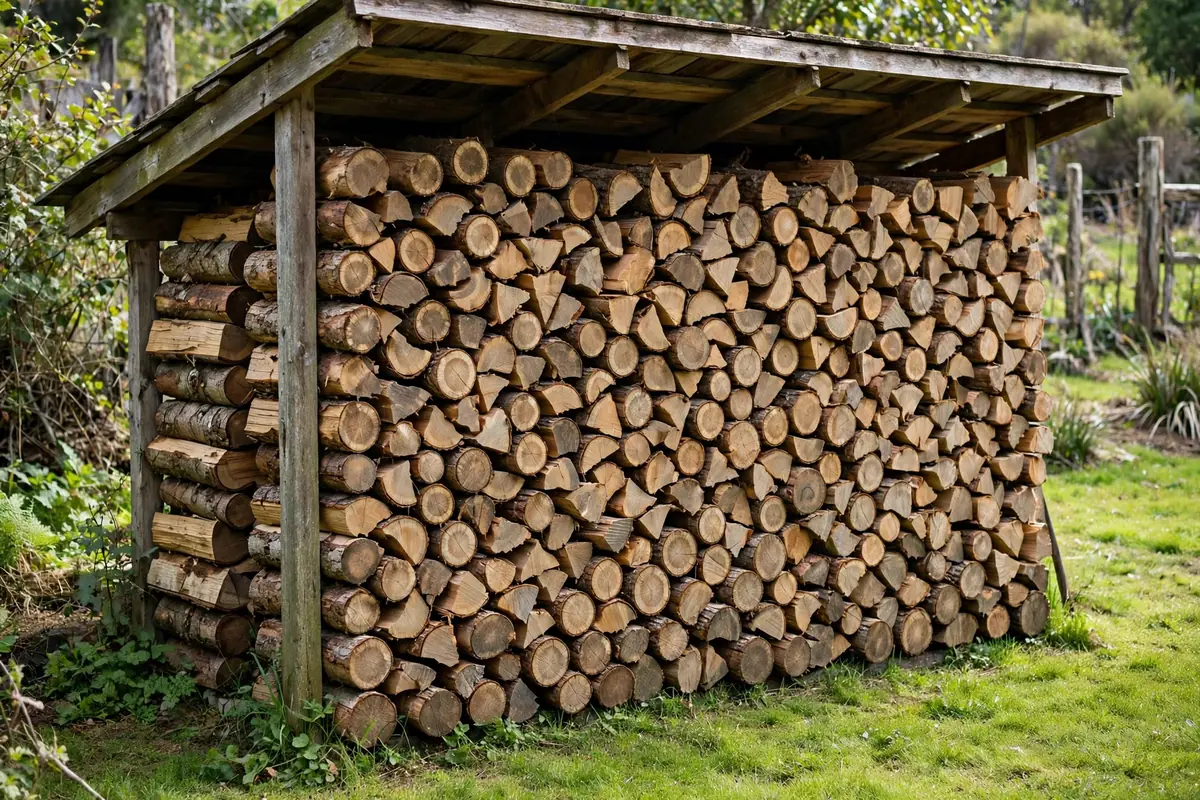 Stapel aus Brennholzscheiten unter einem Holzunterstand